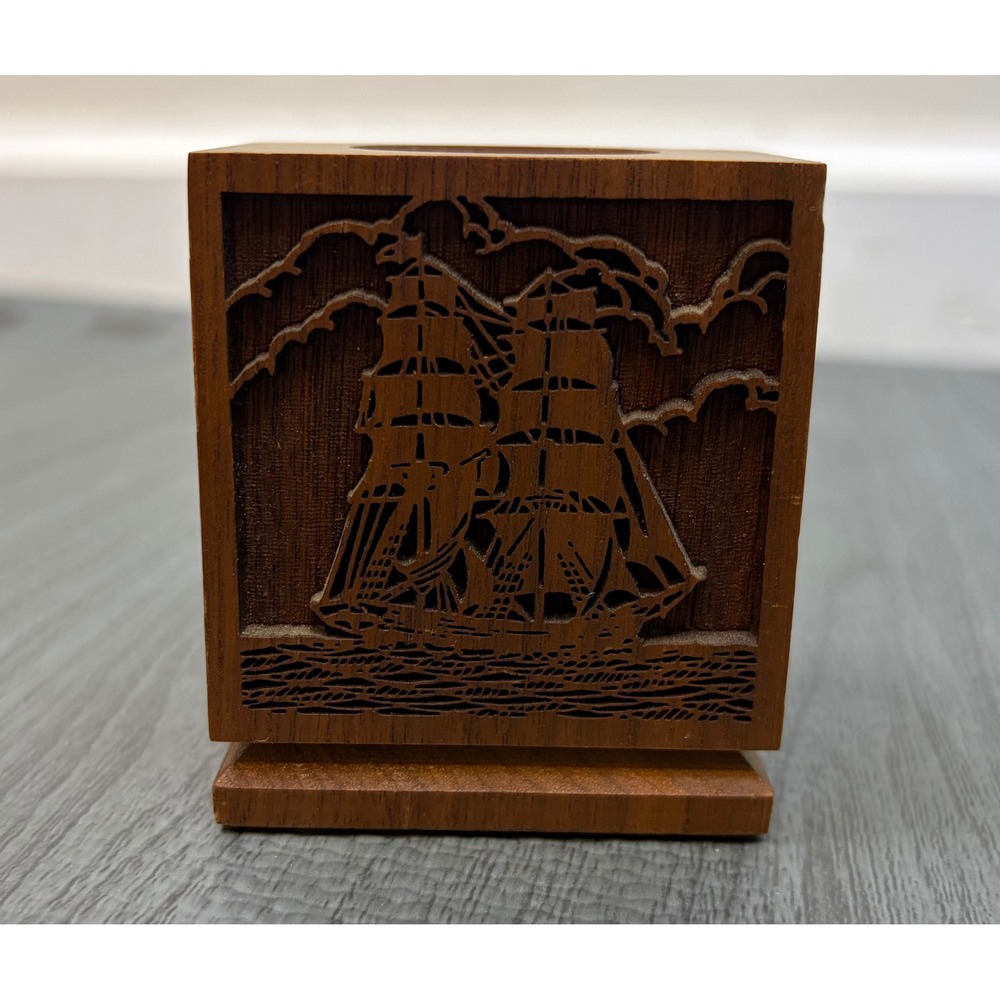 Lasercraft Wood Candle Holder Vintage Laser Engraved Ship Nautical Desk Decor - Picture 7 of 9